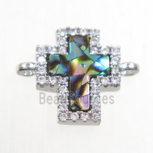 copper cross connector paved zircon with abalone shell, platinum plated