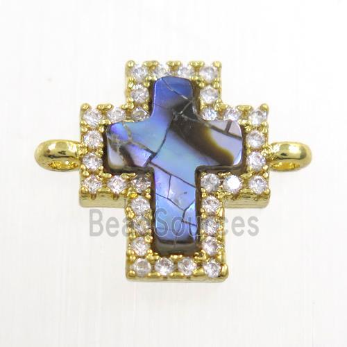 copper cross connector paved zircon with abalone shell, gold plated