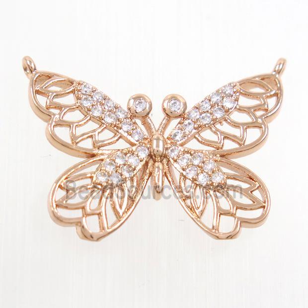 copper butterfly pendants paved zircon with 2loops, rose gold plated