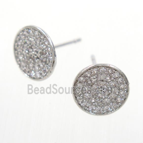 copper earring studs paved zircon, platinum plated