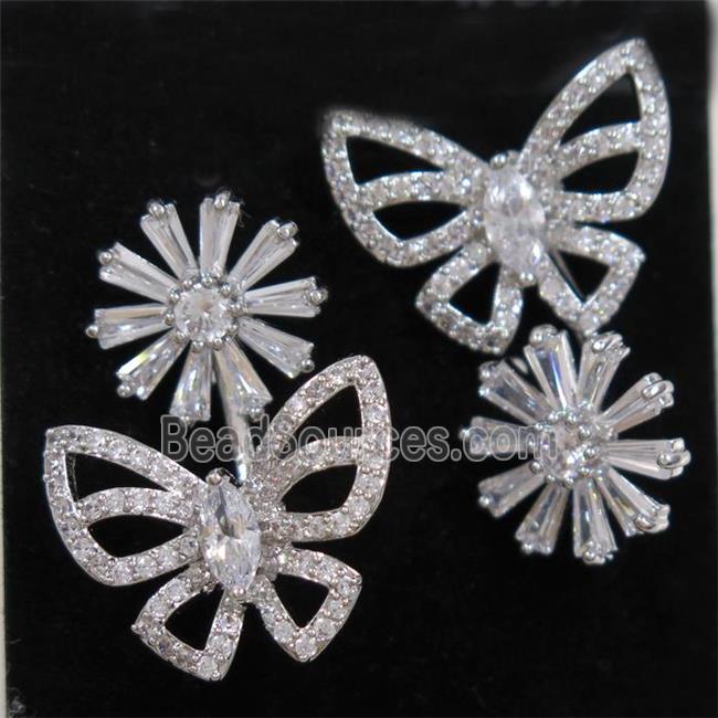 copper butterfly earring paved zircon, platinum plated