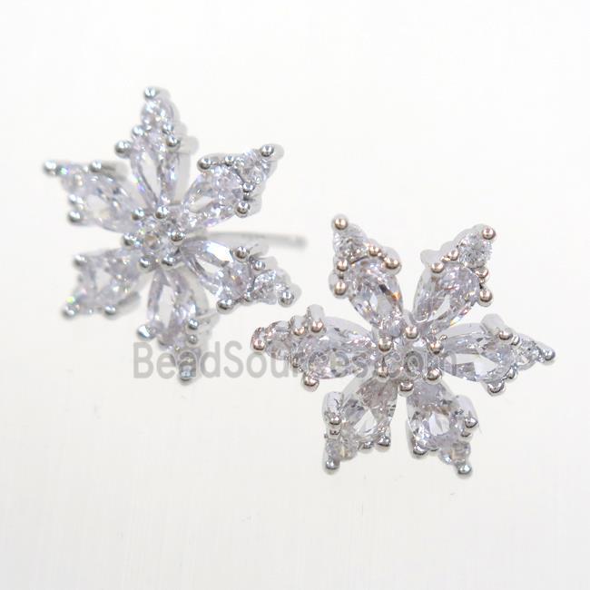 copper snowflake Earring studs paved zircon, platinum plated