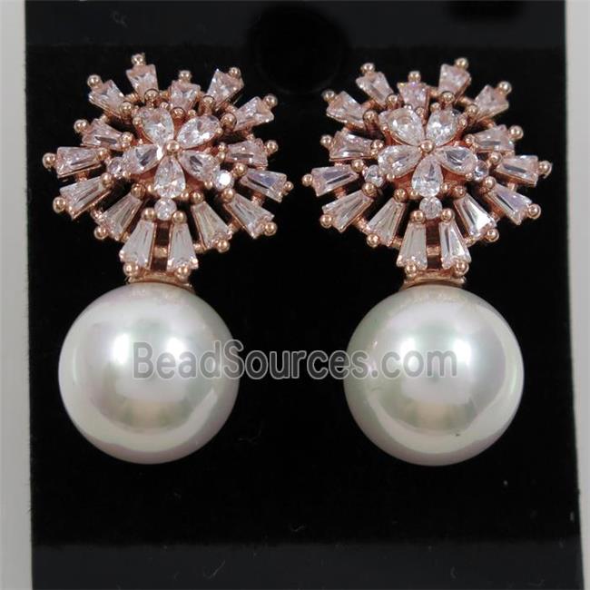 copper earring paved zircon with pearl shell, rose gold