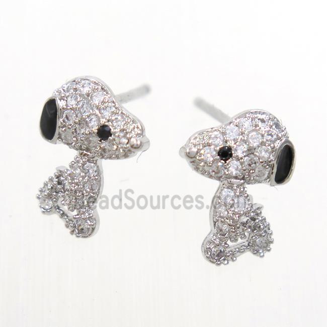 copper dog Earring studs paved zircon, platinum plated