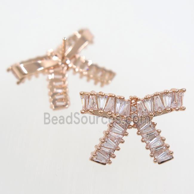 copper Earring studs paved zircon, cancer ribbons, rose gold