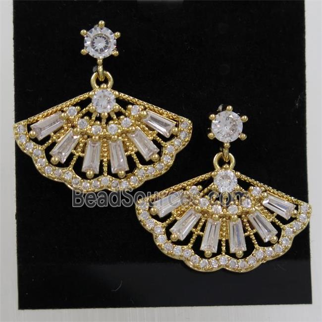 copper fan earring paved zircon, gold plated