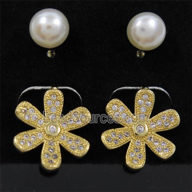 copper flower earring paved zircon with pearl, gold plated