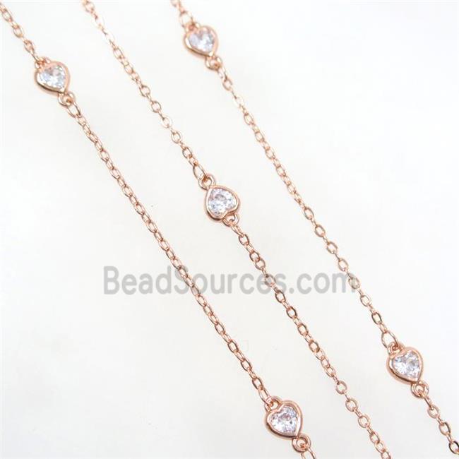 copper chain with zircon, heart, rose gold