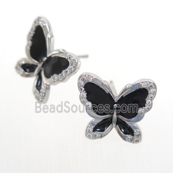 copper butterfly Earring studs paved zircon, enamel, platinum plated