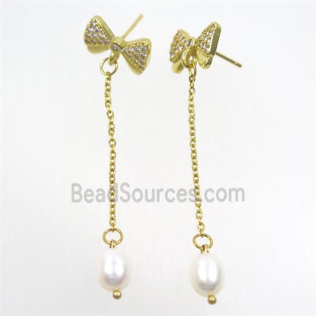 copper butterfly Earring paved zircon with white pearl, gold plated