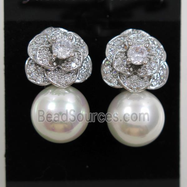 copper flower earring paved zircon with pearl shell, platinum plated