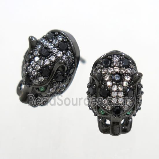 copper leopardhead earring studs paved zircon, black plated