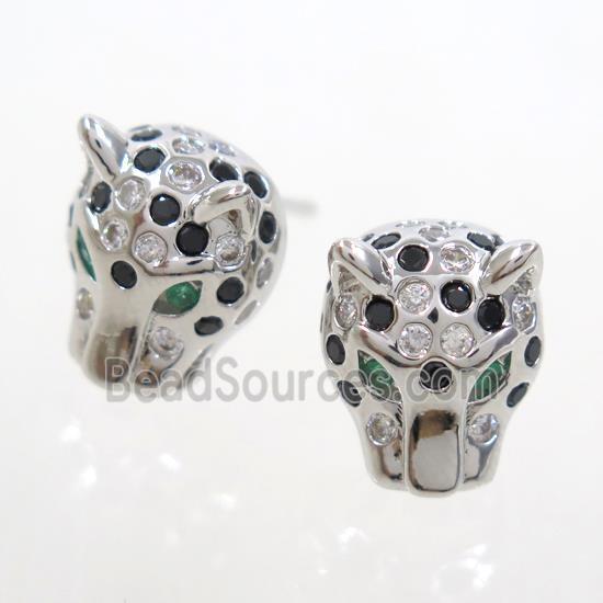 copper leopardhead earring studs paved zircon, platinum plated