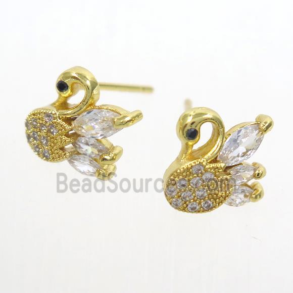 copper swan earring studs paved zircon, gold plated