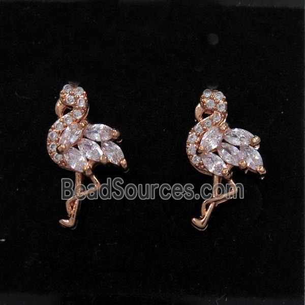 copper crane earring studs paved zircon, rose gold