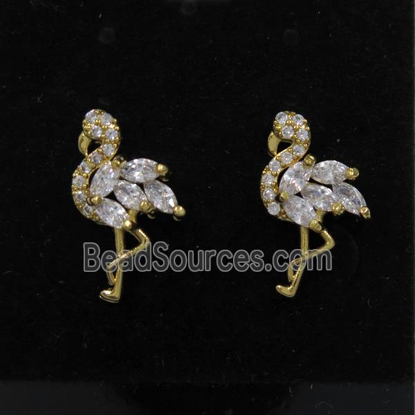 copper crane earring studs paved zircon, gold plated