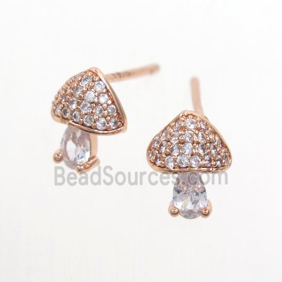 Copper Mushroom Stud Earring Pave Zircon Rose Gold