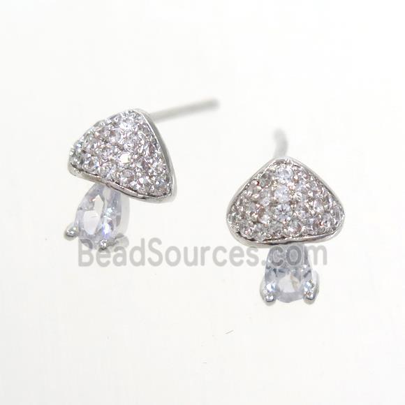 Copper Mushroom Stud Earring Pave Zircon Platinum Plated