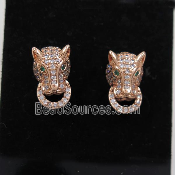 copper wolfhead earring stud paved zircon, rose gold