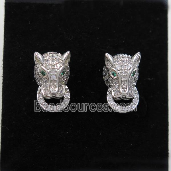 copper wolfhead earring stud paved zircon, platinum plated