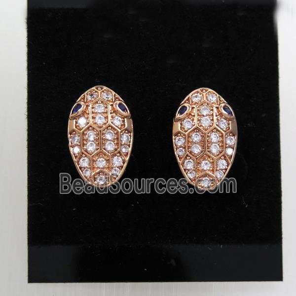 copper snakehead earring studs paved zircon, rose gold