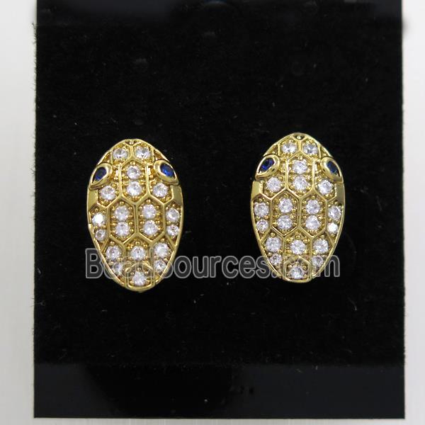 copper snakehead earring studs paved zircon, gold plated