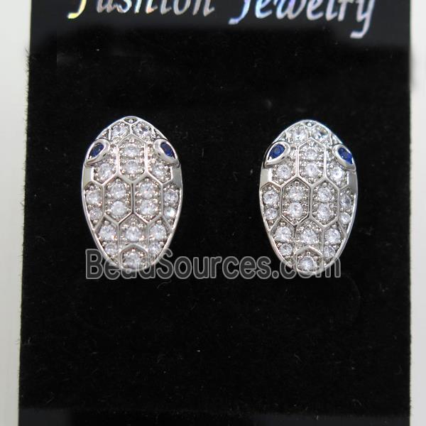 copper snakehead earring studs paved zircon, platinum plated