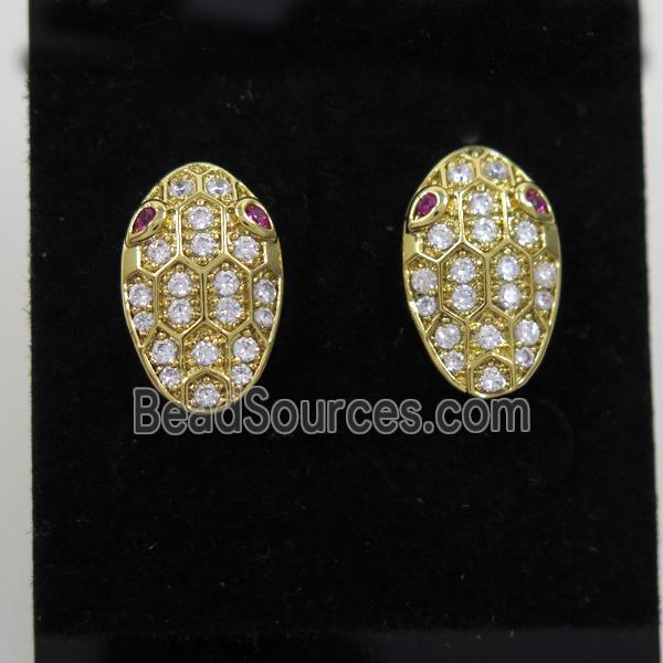 copper snakehead earring studs paved zircon, gold plated