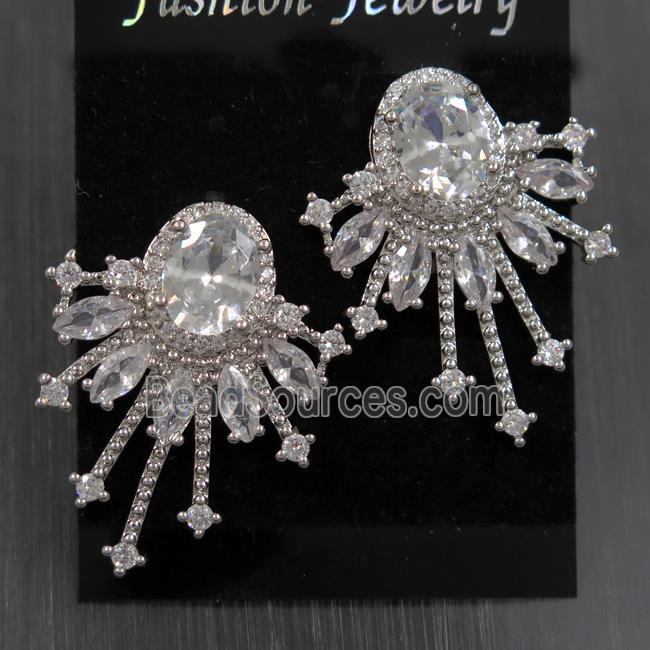 copper earring paved zircon, platinum plated