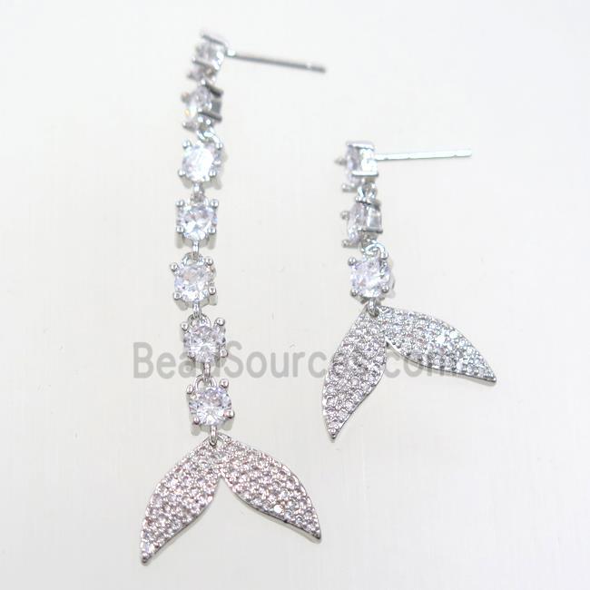 copper earring paved zircon with sharktail, platinum plated