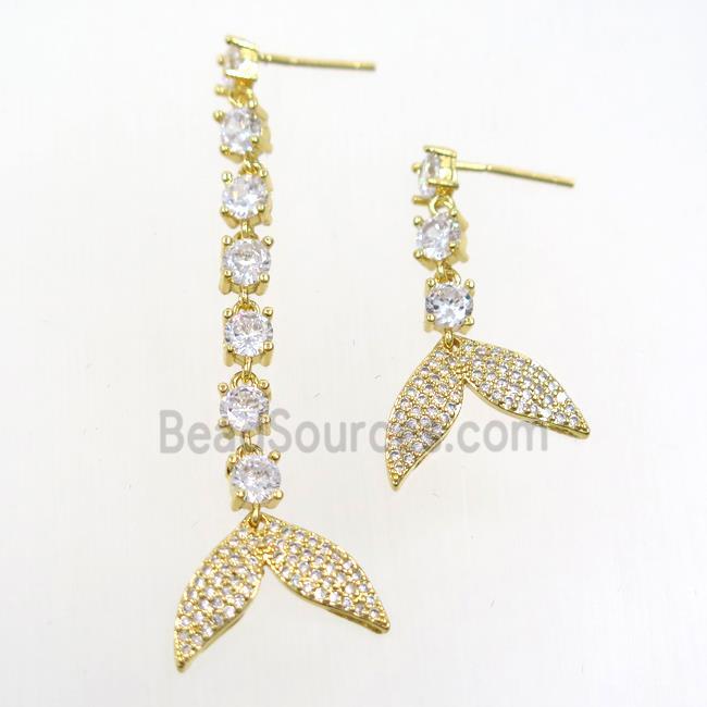 copper earring paved zircon with sharktail, gold plated