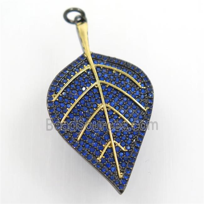 copper leaf pendant paved blue zircon, gold plated, black backing