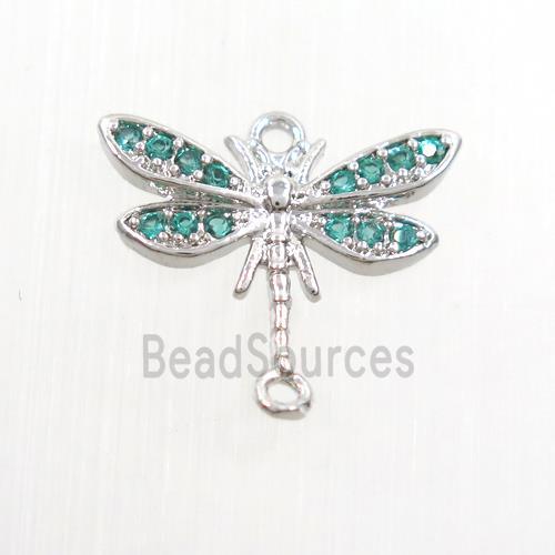 copper dragonfly connector paved green zircon, platinum plated