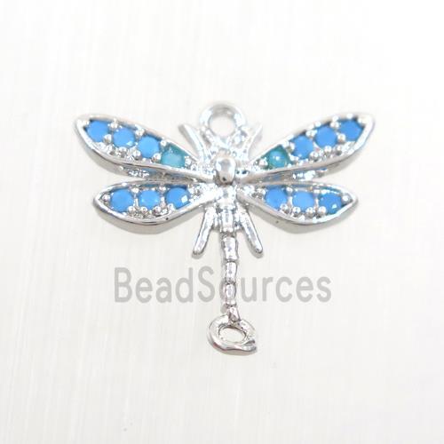 copper dragonfly connector paved zircon, turq, platinum plated