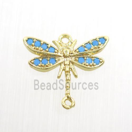 copper dragonfly connector paved zircon, turq, gold plated