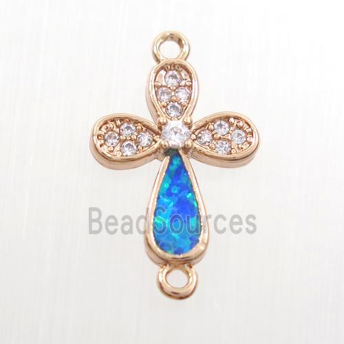 copper cross connector paved zircon with fired opal, rose gold