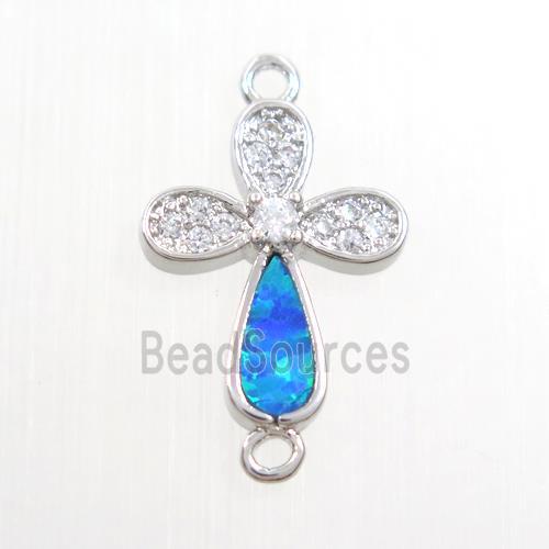 copper cross connector paved zircon with fired opal, platinum plated