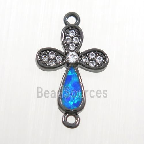 copper cross connector paved zircon with fired opal, black plated