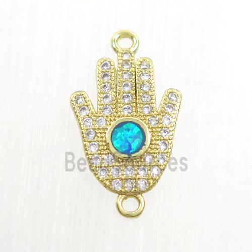 copper hamsahand connector paved zircon with fire opal, gold plated