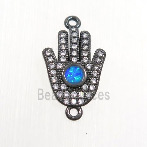 copper hamsahand connector paved zircon with fire opal, black plated