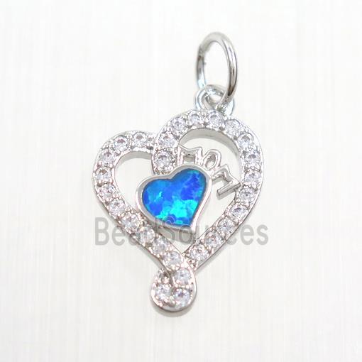 copper heart pendant paved zircon with fire opal, platinum plated