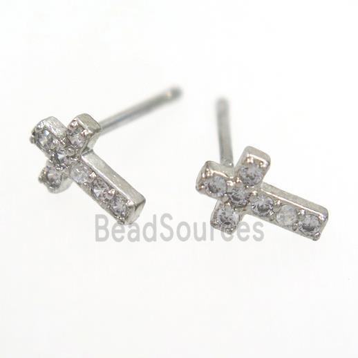 copper cross Earring paved zircon, platinum plated