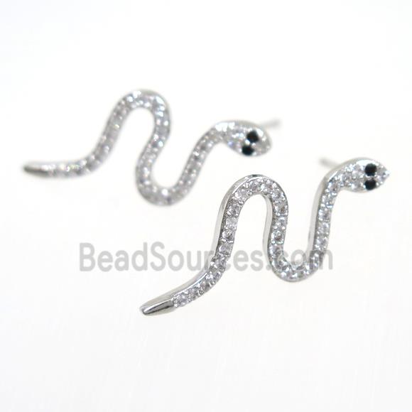 copper snake earring paved zircon, platinum plated