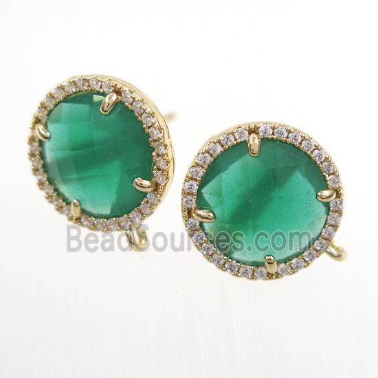 copper earring paved zircon with green glass crystal