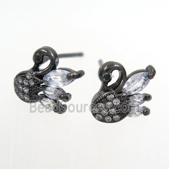 copper swan earring studs paved zircon, black plated