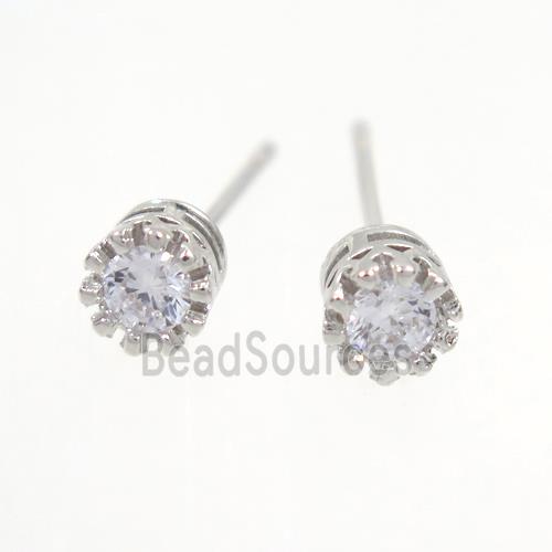 copper earring studs paved zircon, platinum plated