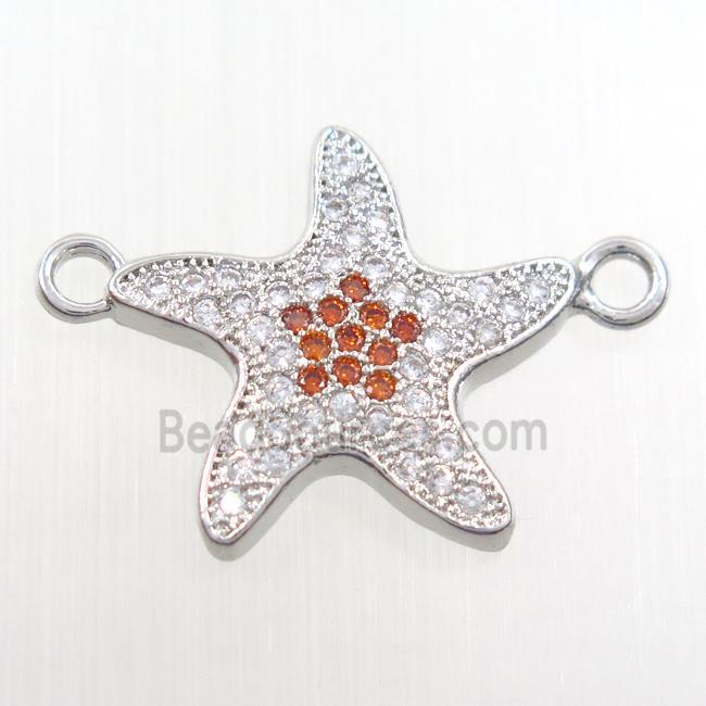 copper starfish pendant paved zircon, platinum plated