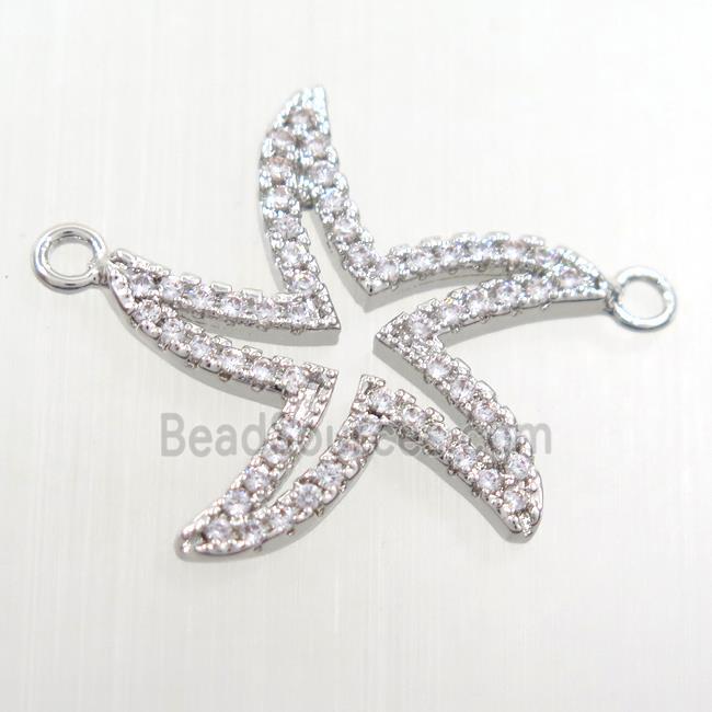 copper starfish pendant paved zircon, platinum plated