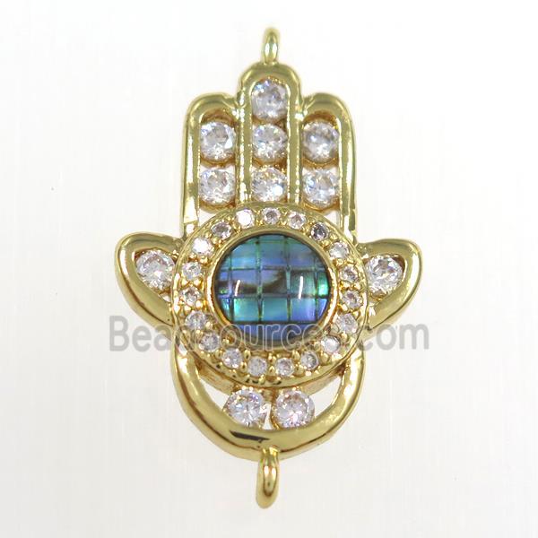 copper hamsahand connector paved zircon with abalone shell, gold plated