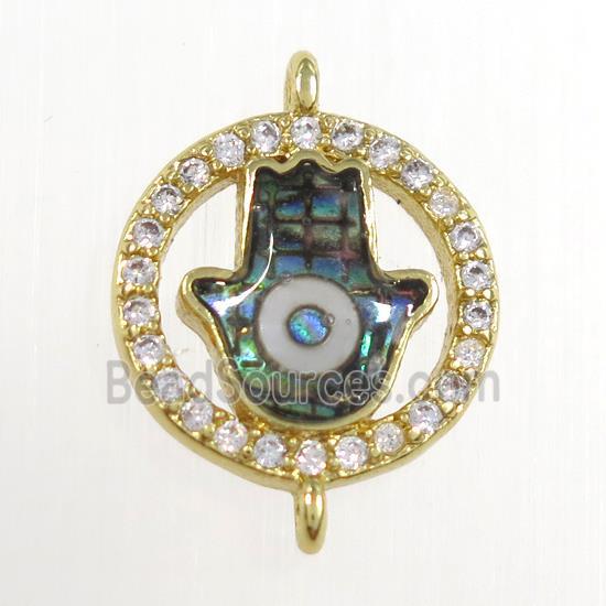 copper hamsahand connector paved zircon with abalone evil eye, gold plated